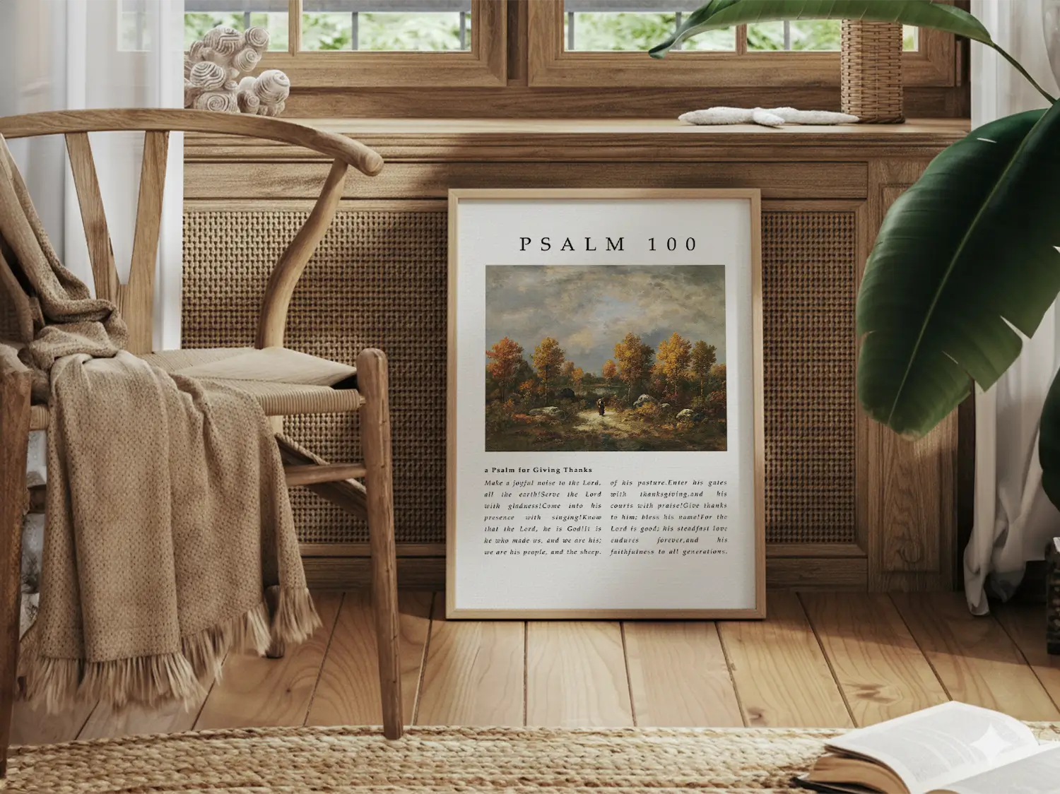 Fill your home with the spirit of gratitude and joyful worship with this inspiring Christian canvas wall art. This framed canvas print features the complete, foundational text of Psalm 100, paired with a beautiful, serene landscape painting.