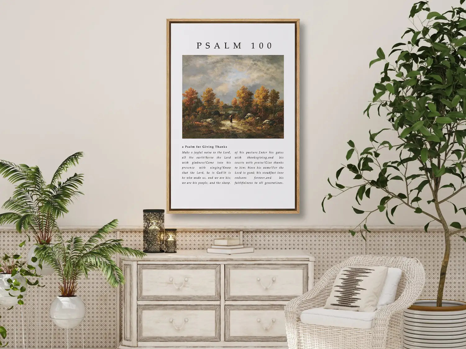Fill your home with the spirit of gratitude and joyful worship with this inspiring Christian canvas wall art. This framed canvas print features the complete, foundational text of Psalm 100, paired with a beautiful, serene landscape painting.