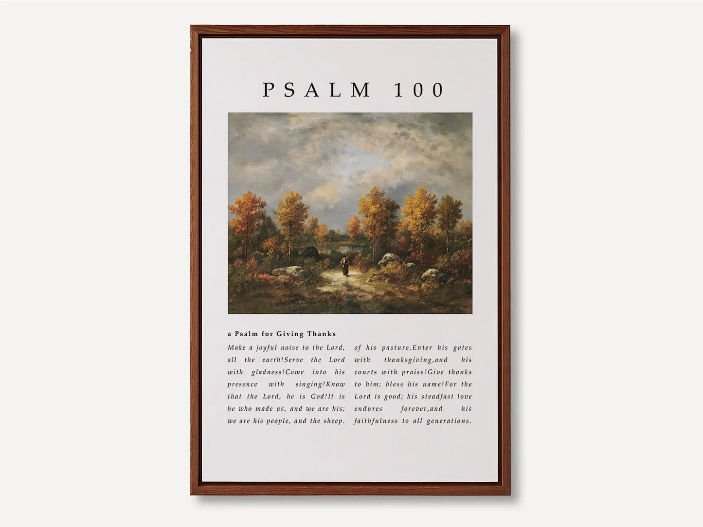 Fill your home with the spirit of gratitude and joyful worship with this inspiring Christian canvas wall art. This framed canvas print features the complete, foundational text of Psalm 100, paired with a beautiful, serene landscape painting.