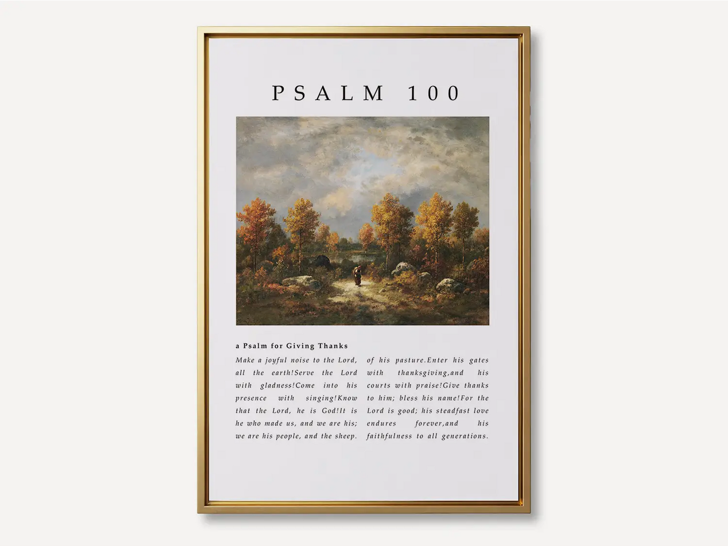 Fill your home with the spirit of gratitude and joyful worship with this inspiring Christian canvas wall art. This framed canvas print features the complete, foundational text of Psalm 100, paired with a beautiful, serene landscape painting.