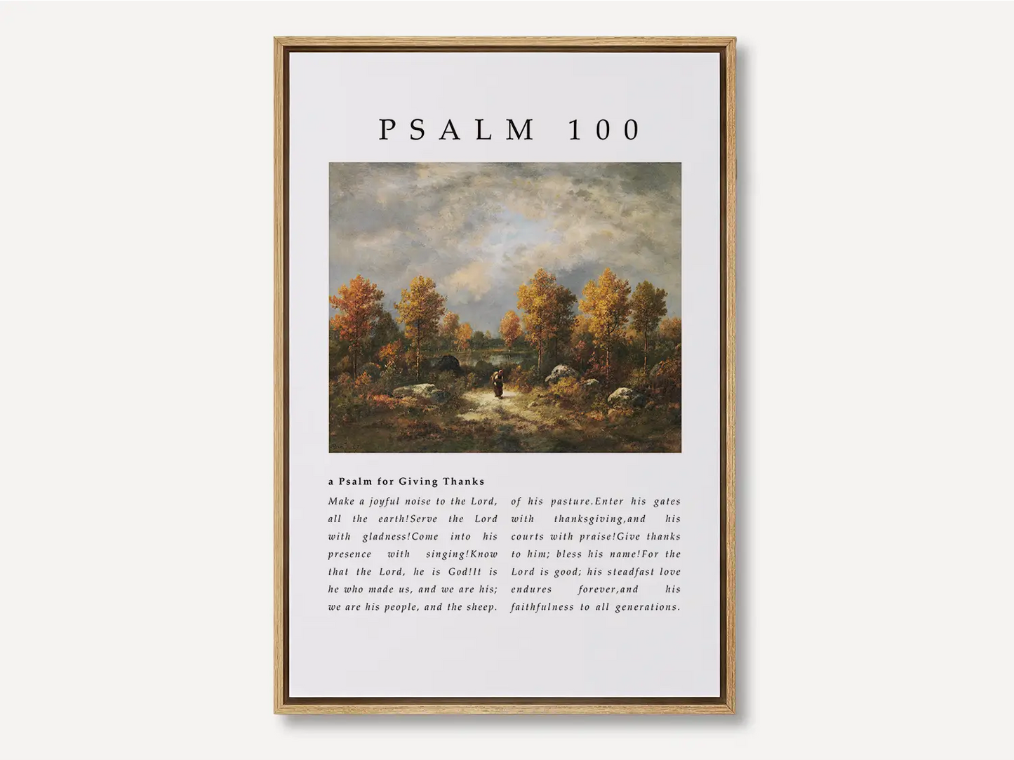Fill your home with the spirit of gratitude and joyful worship with this inspiring Christian canvas wall art. This framed canvas print features the complete, foundational text of Psalm 100, paired with a beautiful, serene landscape painting.