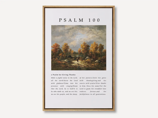 Fill your home with the spirit of gratitude and joyful worship with this inspiring Christian canvas wall art. This framed canvas print features the complete, foundational text of Psalm 100, paired with a beautiful, serene landscape painting.