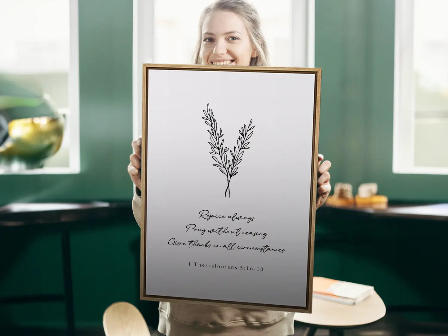 Anchor your heart in daily joy and gratitude with this inspiring Christian canvas wall art. This framed canvas print features a delicate, hand-drawn illustration and the essential life commands from 1 Thessalonians 5:16-18.