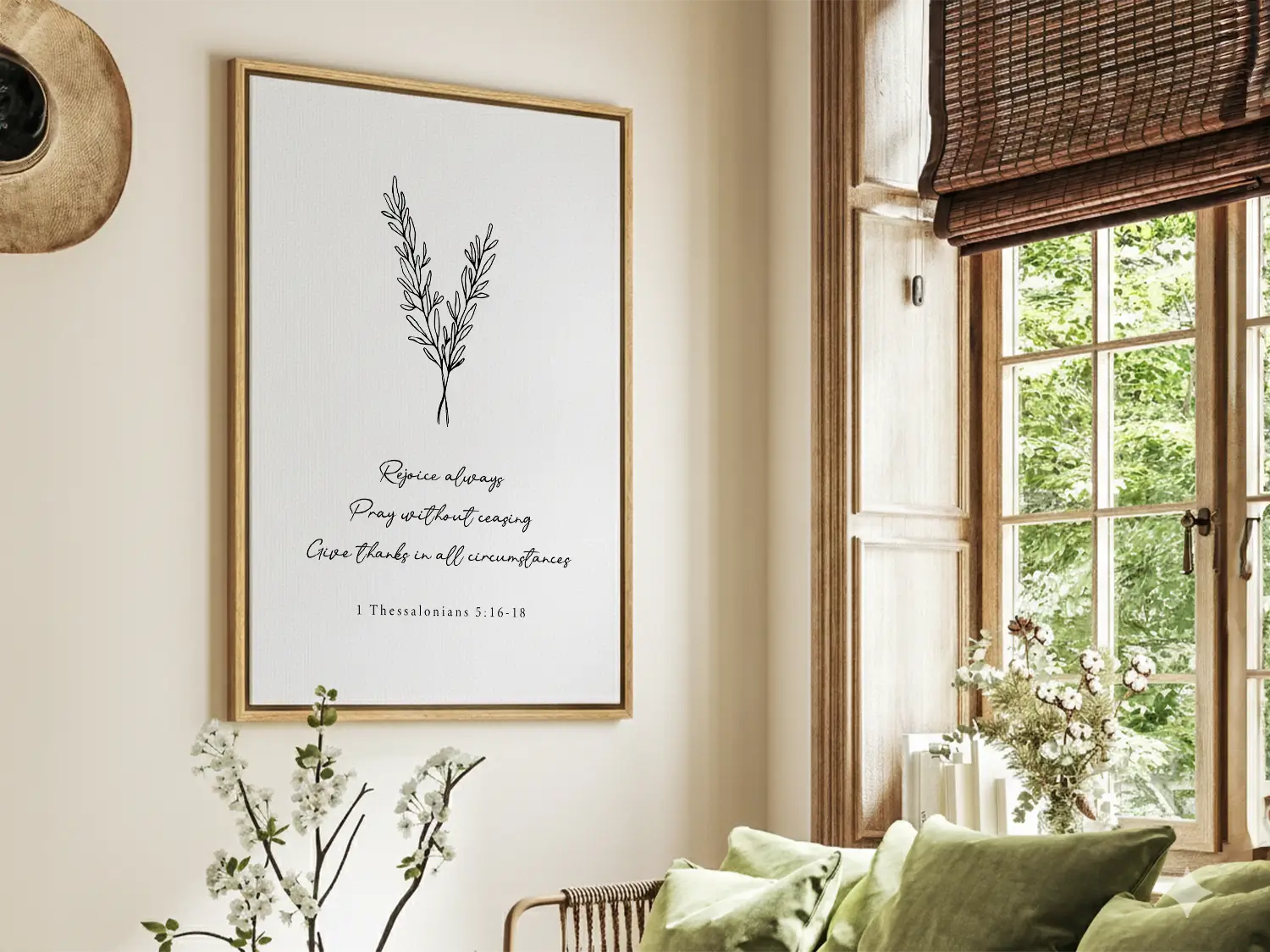 Anchor your heart in daily joy and gratitude with this inspiring Christian canvas wall art. This framed canvas print features a delicate, hand-drawn illustration and the essential life commands from 1 Thessalonians 5:16-18.
