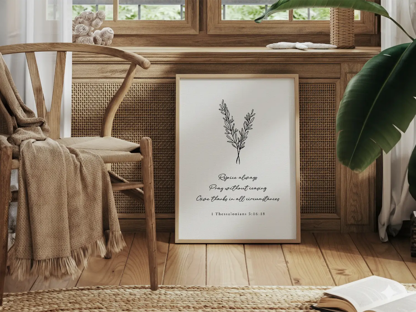 Anchor your heart in daily joy and gratitude with this inspiring Christian canvas wall art. This framed canvas print features a delicate, hand-drawn illustration and the essential life commands from 1 Thessalonians 5:16-18.