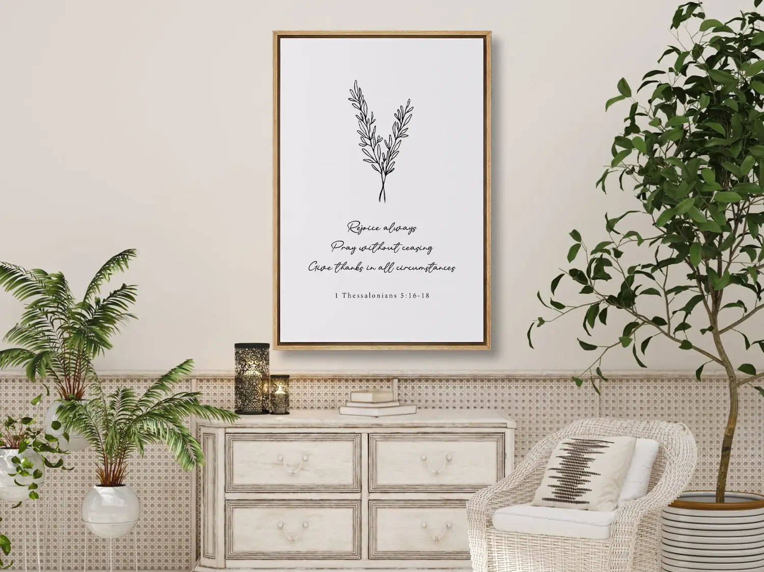 Anchor your heart in daily joy and gratitude with this inspiring Christian canvas wall art. This framed canvas print features a delicate, hand-drawn illustration and the essential life commands from 1 Thessalonians 5:16-18.