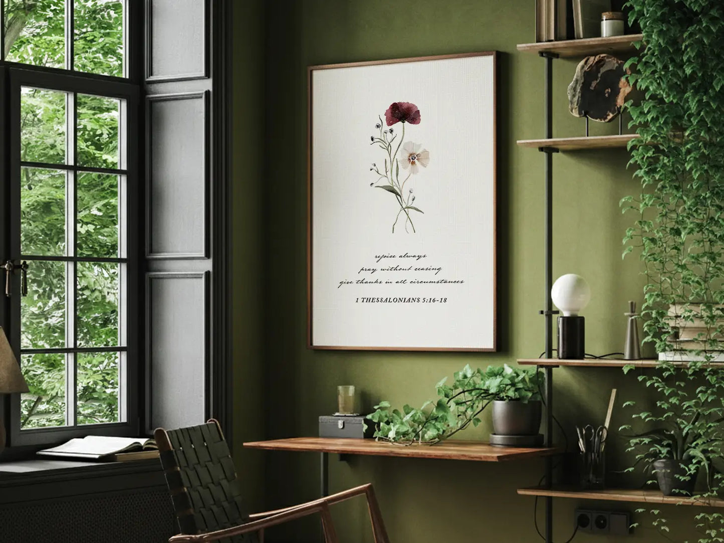 Anchor your heart in daily joy and gratitude with this inspiring Christian canvas wall art. This framed canvas print features a delicate watercolor floral illustration paired with the essential life commands from 1 Thessalonians 5:16-18.