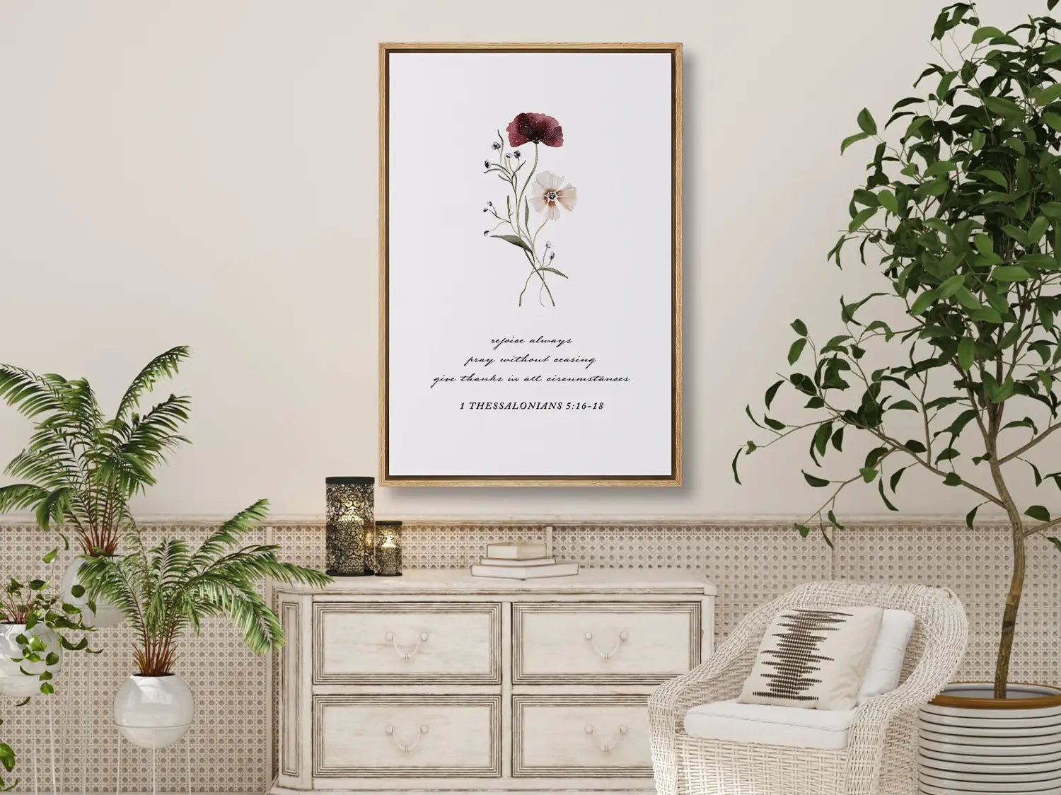 Anchor your heart in daily joy and gratitude with this inspiring Christian canvas wall art. This framed canvas print features a delicate watercolor floral illustration paired with the essential life commands from 1 Thessalonians 5:16-18.