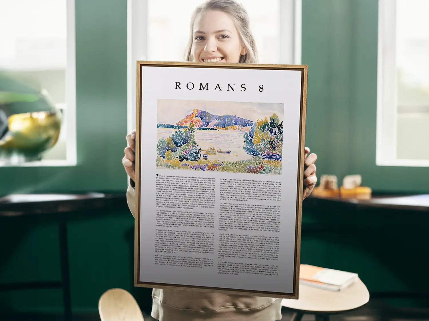 Anchor your home in the ultimate assurance of salvation with this inspiring Christian canvas wall art. This framed canvas print features the complete, foundational text of Romans 8, paired with a beautiful, serene landscape painting.