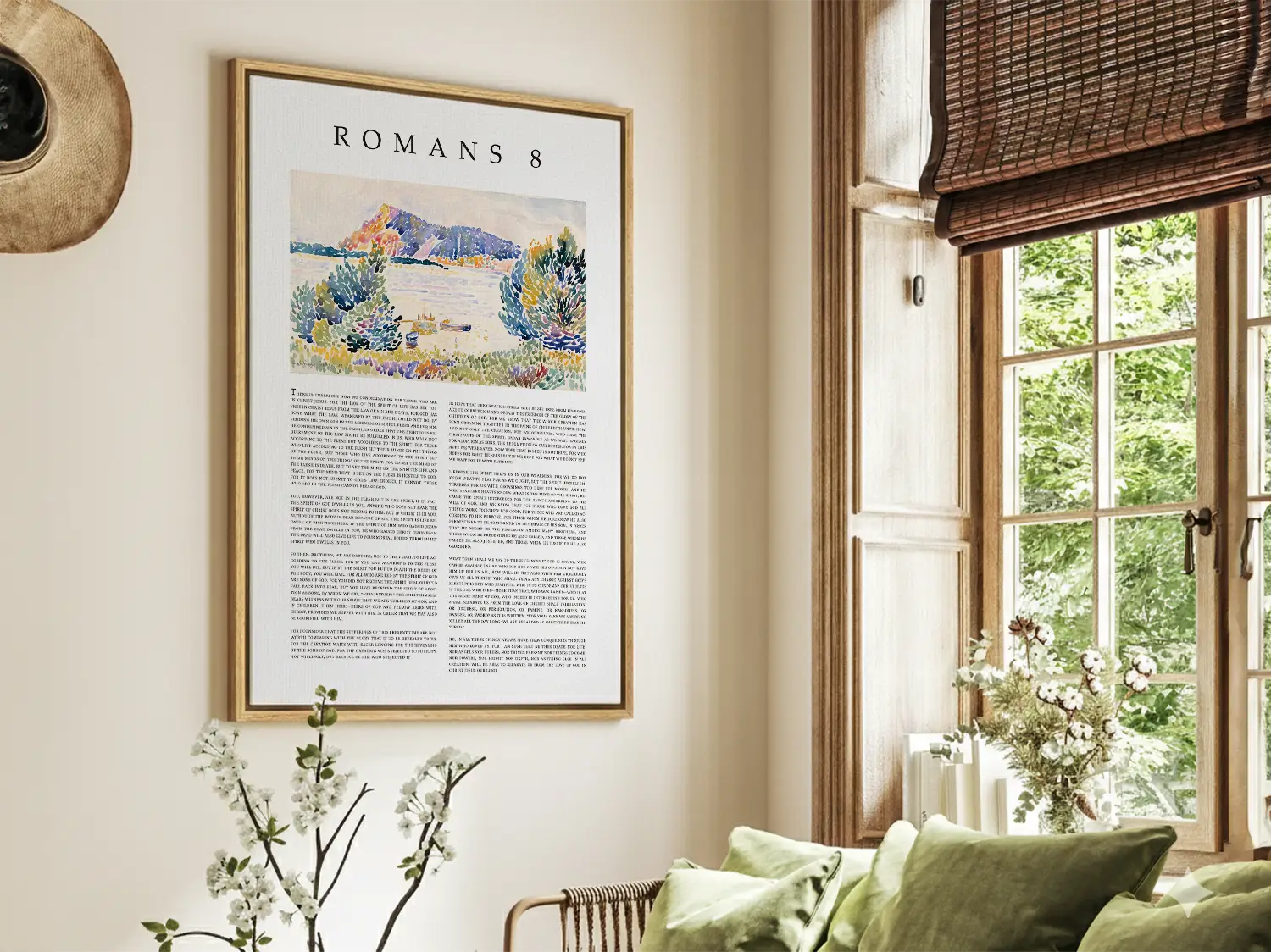 Anchor your home in the ultimate assurance of salvation with this inspiring Christian canvas wall art. This framed canvas print features the complete, foundational text of Romans 8, paired with a beautiful, serene landscape painting.