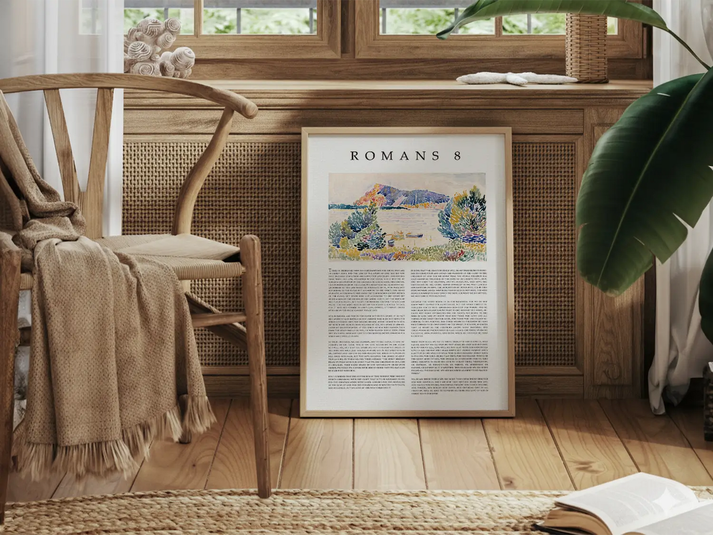 Anchor your home in the ultimate assurance of salvation with this inspiring Christian canvas wall art. This framed canvas print features the complete, foundational text of Romans 8, paired with a beautiful, serene landscape painting.