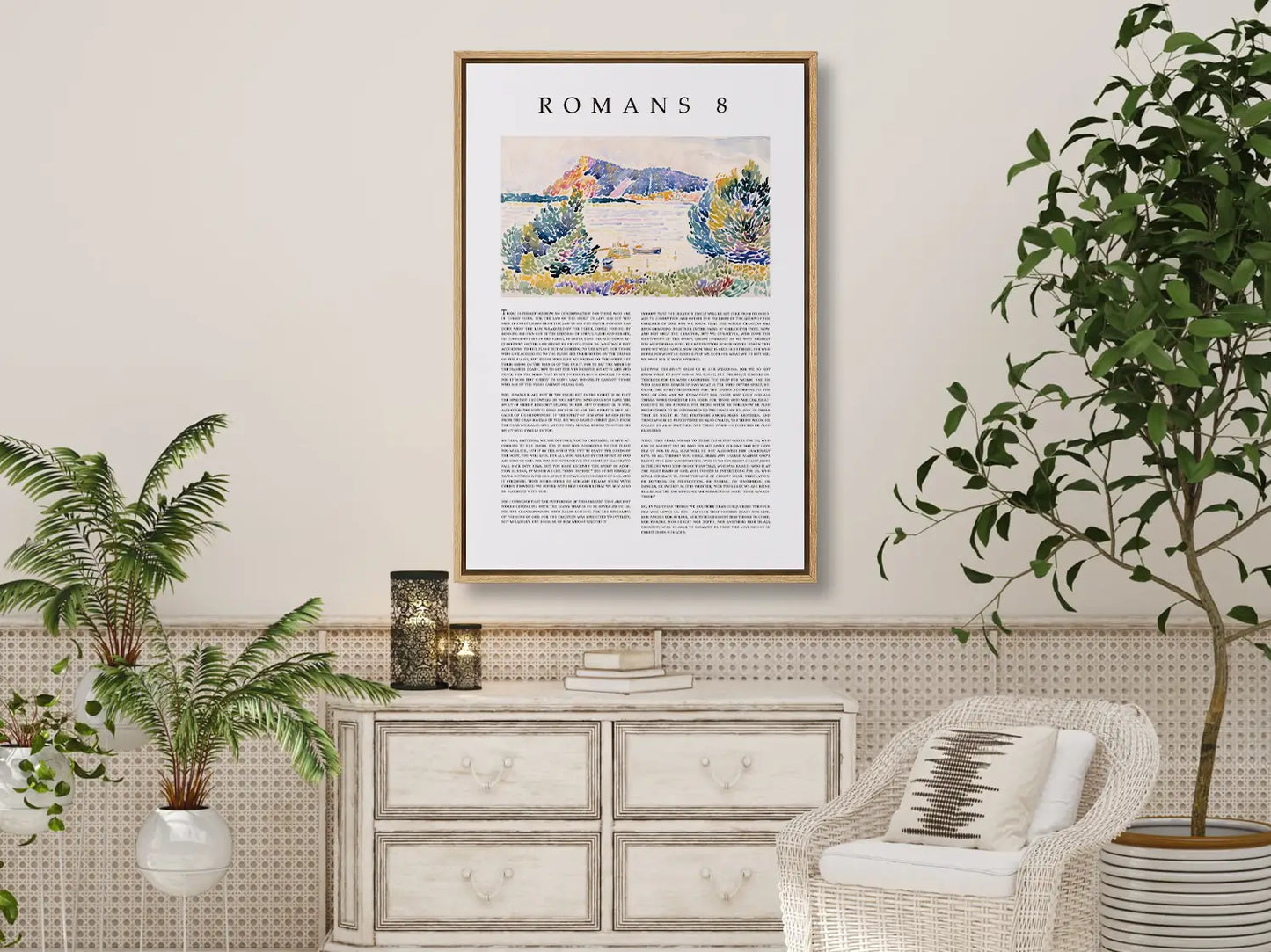 Anchor your home in the ultimate assurance of salvation with this inspiring Christian canvas wall art. This framed canvas print features the complete, foundational text of Romans 8, paired with a beautiful, serene landscape painting.