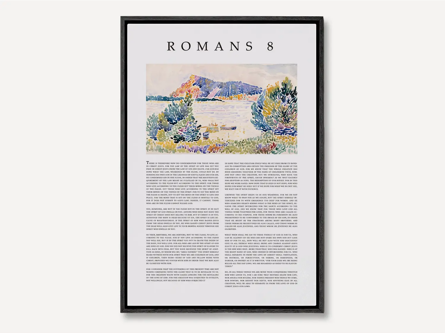 Anchor your home in the ultimate assurance of salvation with this inspiring Christian canvas wall art. This framed canvas print features the complete, foundational text of Romans 8, paired with a beautiful, serene landscape painting.