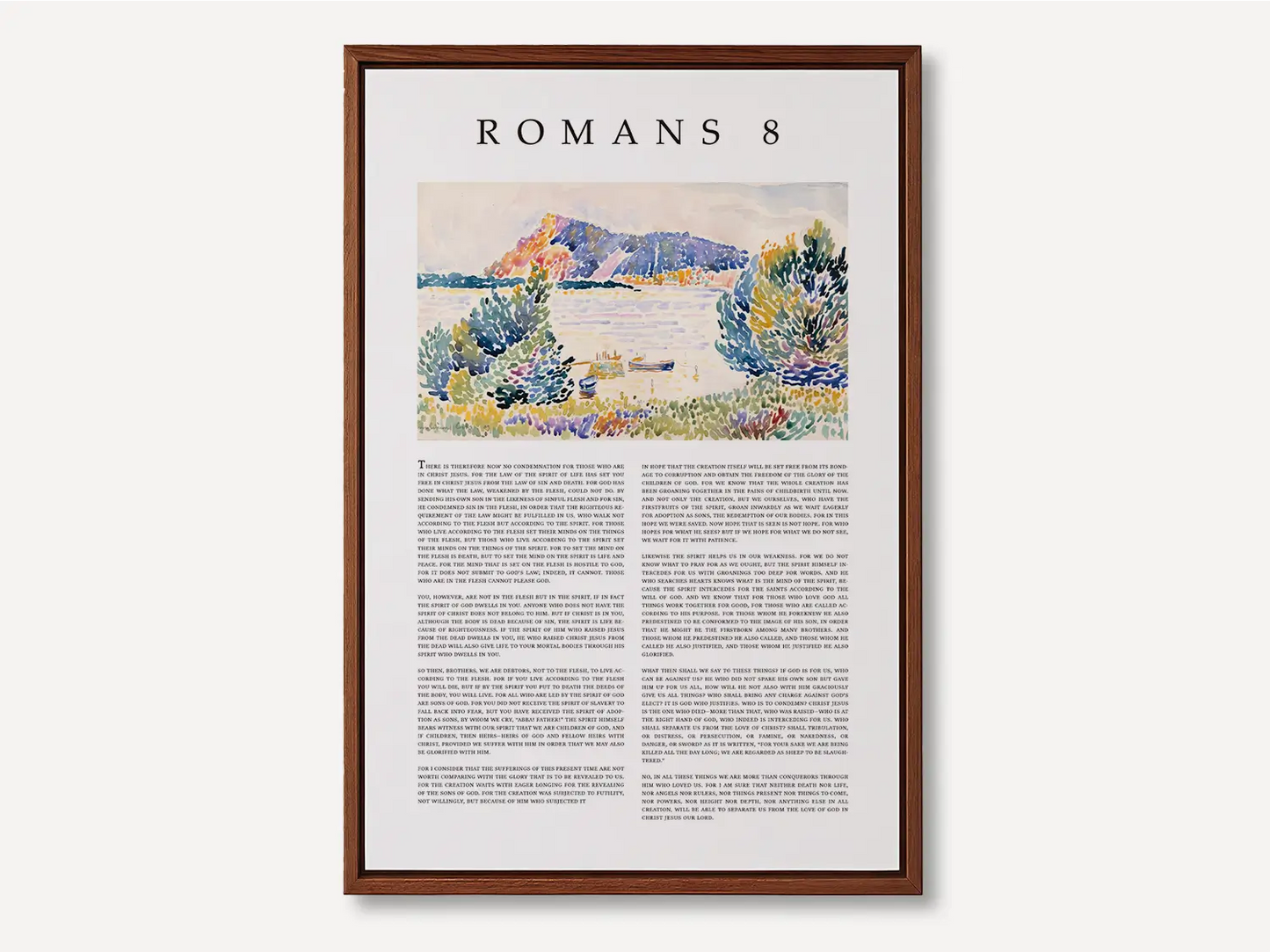 Anchor your home in the ultimate assurance of salvation with this inspiring Christian canvas wall art. This framed canvas print features the complete, foundational text of Romans 8, paired with a beautiful, serene landscape painting.