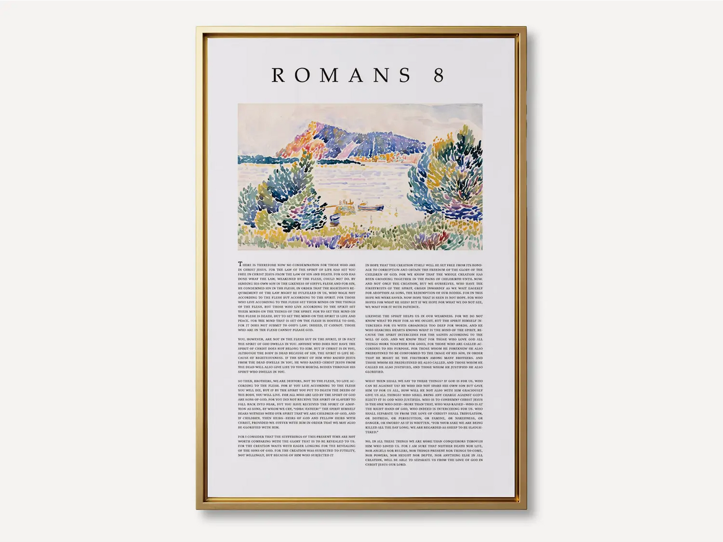 Anchor your home in the ultimate assurance of salvation with this inspiring Christian canvas wall art. This framed canvas print features the complete, foundational text of Romans 8, paired with a beautiful, serene landscape painting.