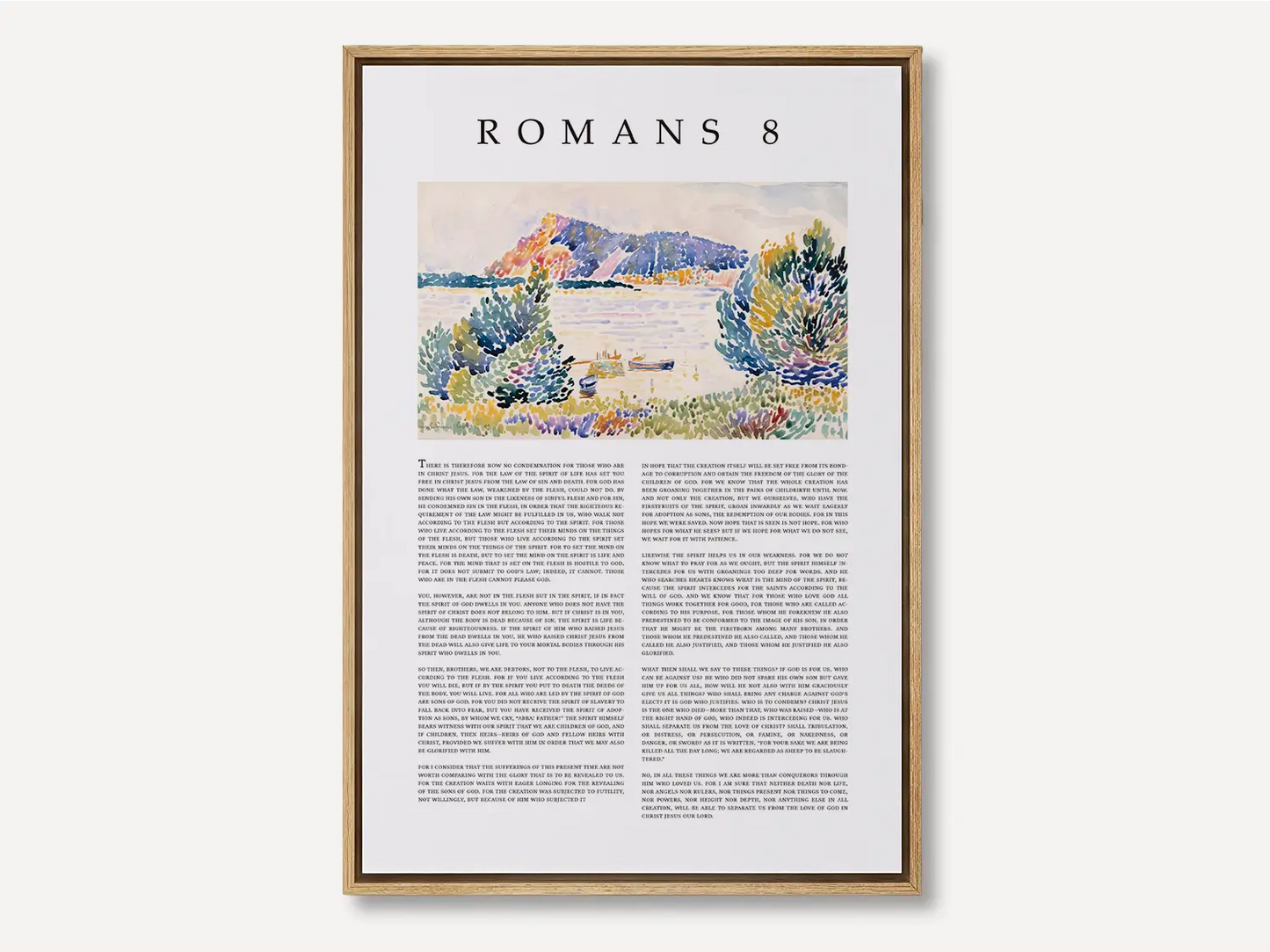 Anchor your home in the ultimate assurance of salvation with this inspiring Christian canvas wall art. This framed canvas print features the complete, foundational text of Romans 8, paired with a beautiful, serene landscape painting.
