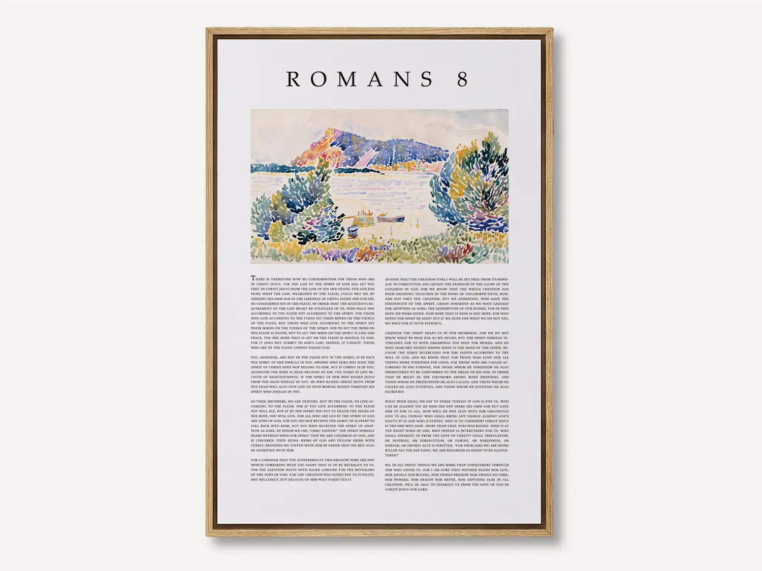 Anchor your home in the ultimate assurance of salvation with this inspiring Christian canvas wall art. This framed canvas print features the complete, foundational text of Romans 8, paired with a beautiful, serene landscape painting.