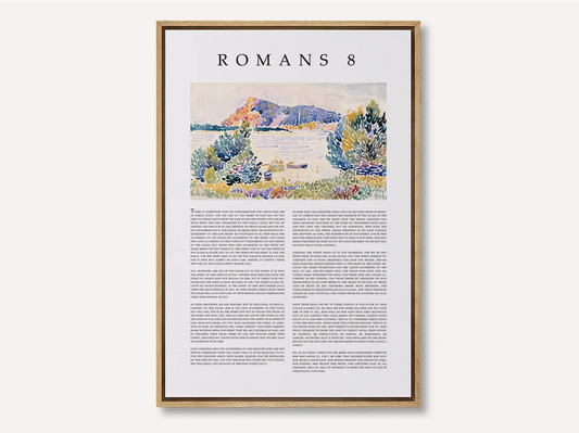 Anchor your home in the ultimate assurance of salvation with this inspiring Christian canvas wall art. This framed canvas print features the complete, foundational text of Romans 8, paired with a beautiful, serene landscape painting.
