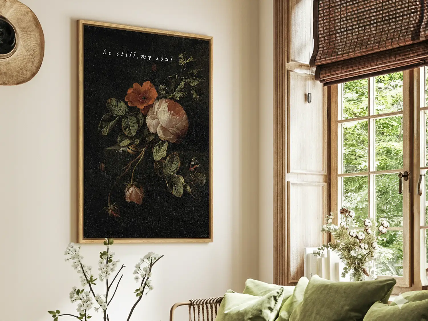Invite deep tranquility and faith into your home with this inspiring Christian canvas wall art. This framed canvas print features a dramatic, dark floral painting paired with the comforting command: “Be still, my soul.”