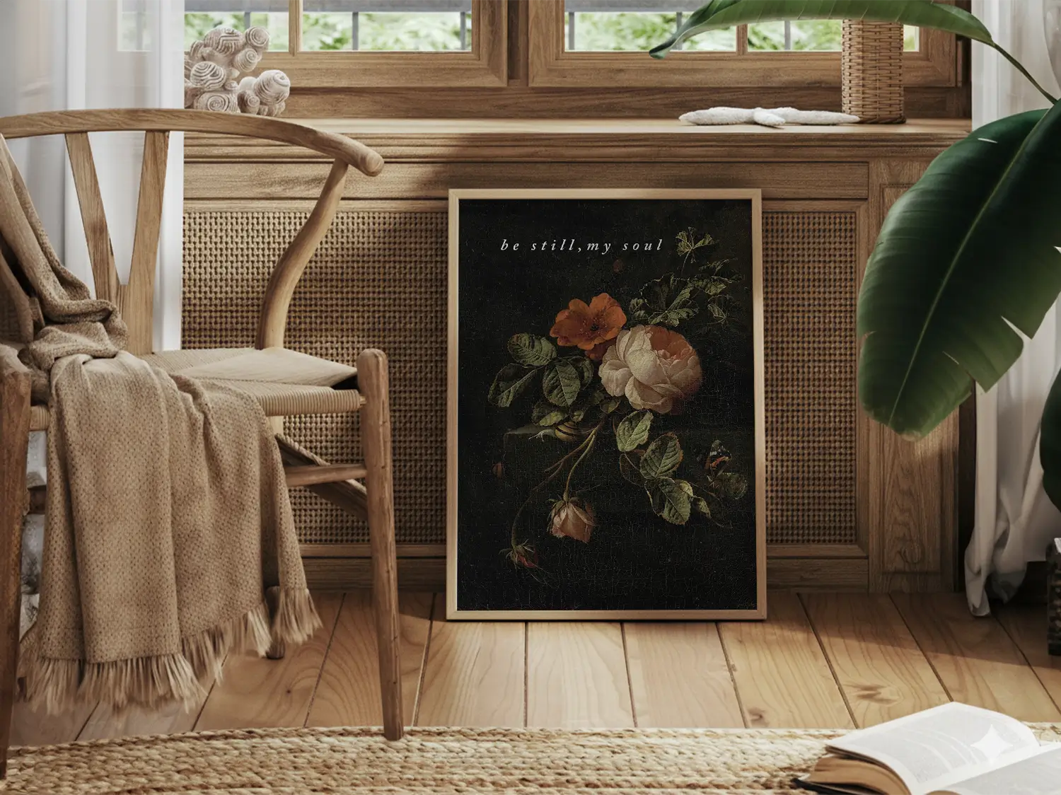 Invite deep tranquility and faith into your home with this inspiring Christian canvas wall art. This framed canvas print features a dramatic, dark floral painting paired with the comforting command: “Be still, my soul.”