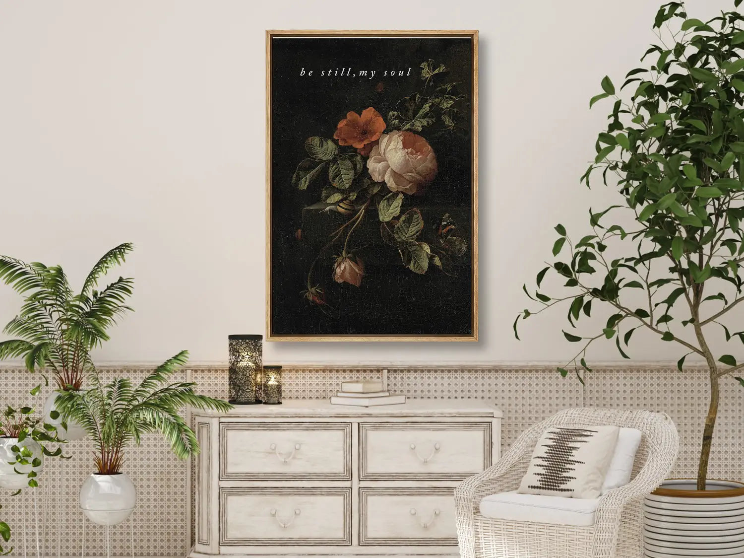 Invite deep tranquility and faith into your home with this inspiring Christian canvas wall art. This framed canvas print features a dramatic, dark floral painting paired with the comforting command: “Be still, my soul.”