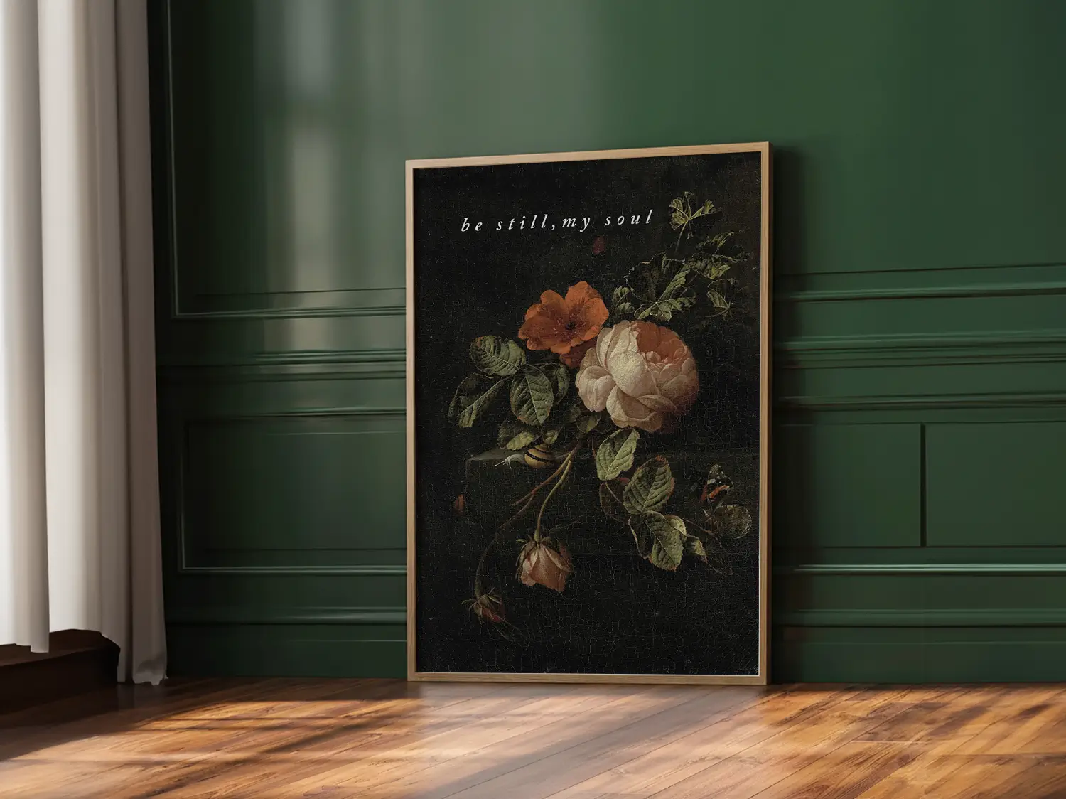 Invite deep tranquility and faith into your home with this inspiring Christian canvas wall art. This framed canvas print features a dramatic, dark floral painting paired with the comforting command: “Be still, my soul.”