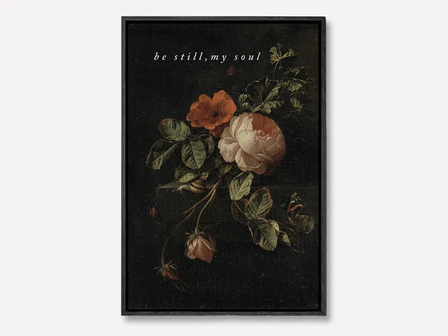 Invite deep tranquility and faith into your home with this inspiring Christian canvas wall art. This framed canvas print features a dramatic, dark floral painting paired with the comforting command: “Be still, my soul.”
