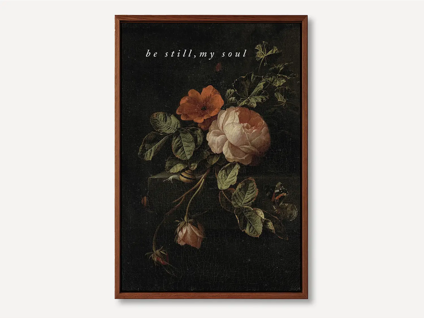 Invite deep tranquility and faith into your home with this inspiring Christian canvas wall art. This framed canvas print features a dramatic, dark floral painting paired with the comforting command: “Be still, my soul.”