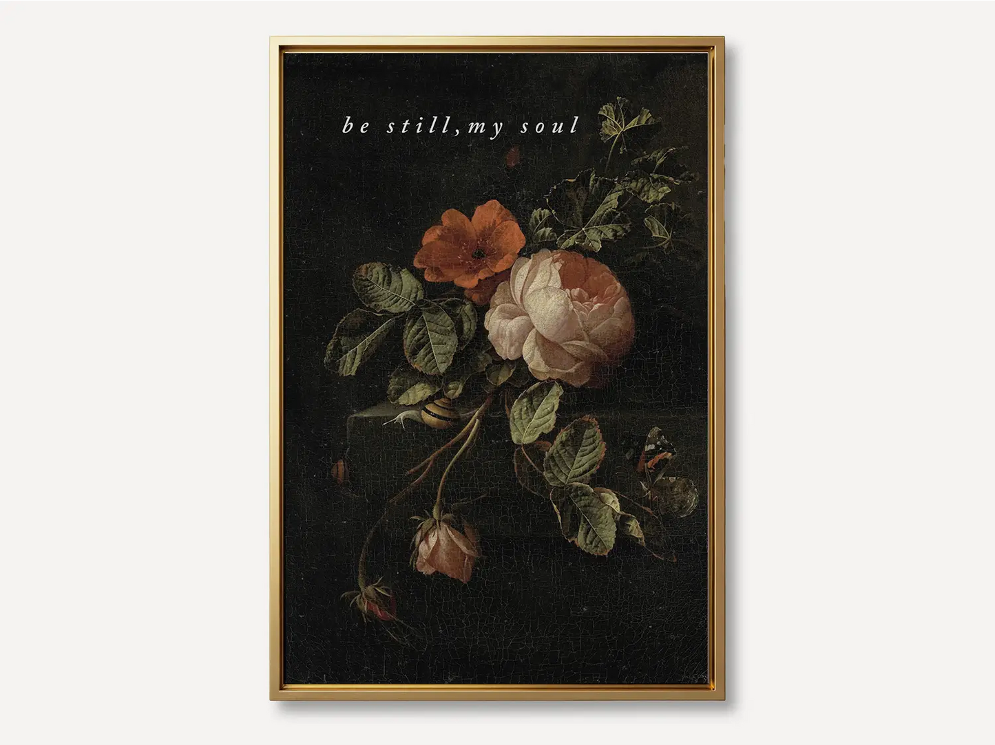 Invite deep tranquility and faith into your home with this inspiring Christian canvas wall art. This framed canvas print features a dramatic, dark floral painting paired with the comforting command: “Be still, my soul.”
