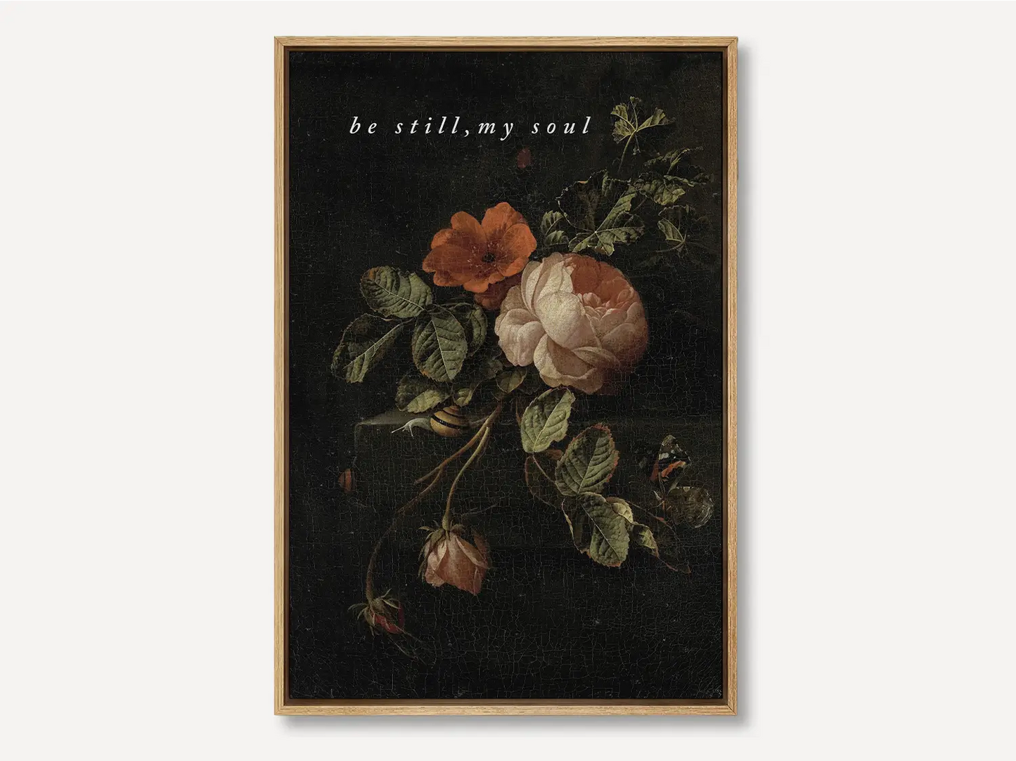 Invite deep tranquility and faith into your home with this inspiring Christian canvas wall art. This framed canvas print features a dramatic, dark floral painting paired with the comforting command: “Be still, my soul.”