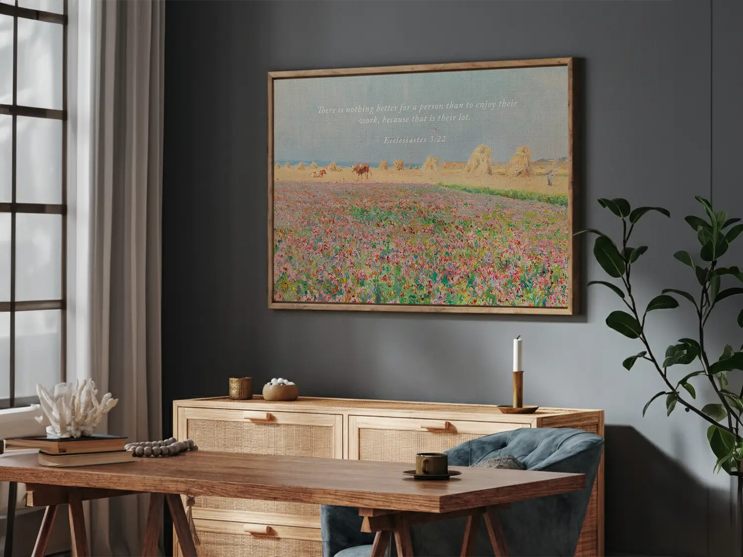 Celebrate the blessing of daily life with this inspiring Christian wall art. This framed print features a vibrant, pastoral field painting paired with the ancient wisdom from Ecclesiastes 3:22 about enjoying the work God has given you.
