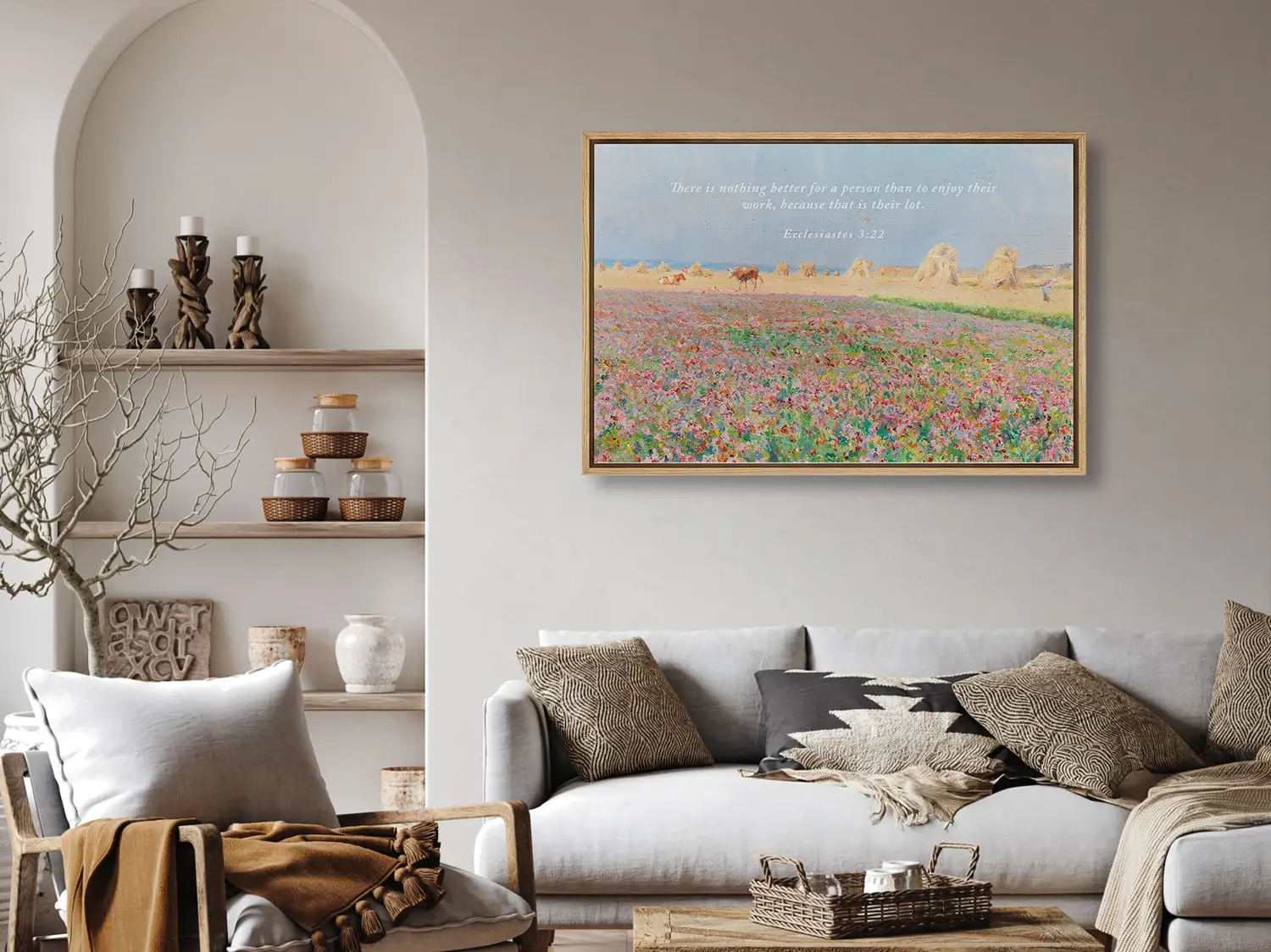 Celebrate the blessing of daily life with this inspiring Christian wall art. This framed print features a vibrant, pastoral field painting paired with the ancient wisdom from Ecclesiastes 3:22 about enjoying the work God has given you.