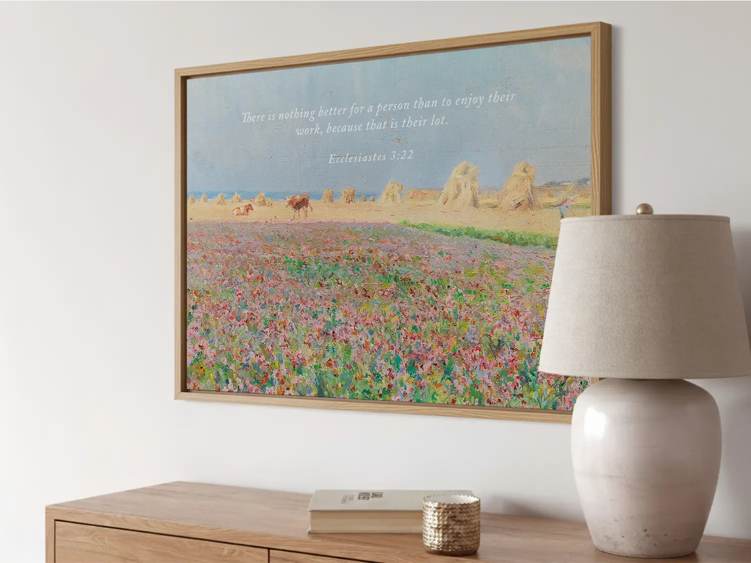 Celebrate the blessing of daily life with this inspiring Christian wall art. This framed print features a vibrant, pastoral field painting paired with the ancient wisdom from Ecclesiastes 3:22 about enjoying the work God has given you.