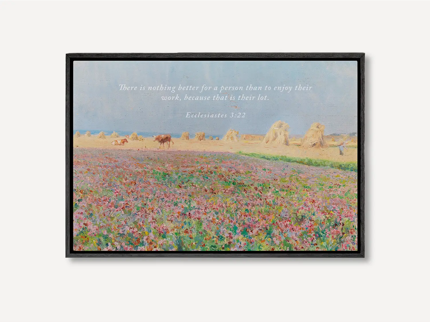 Celebrate the blessing of daily life with this inspiring Christian wall art. This framed print features a vibrant, pastoral field painting paired with the ancient wisdom from Ecclesiastes 3:22 about enjoying the work God has given you.
