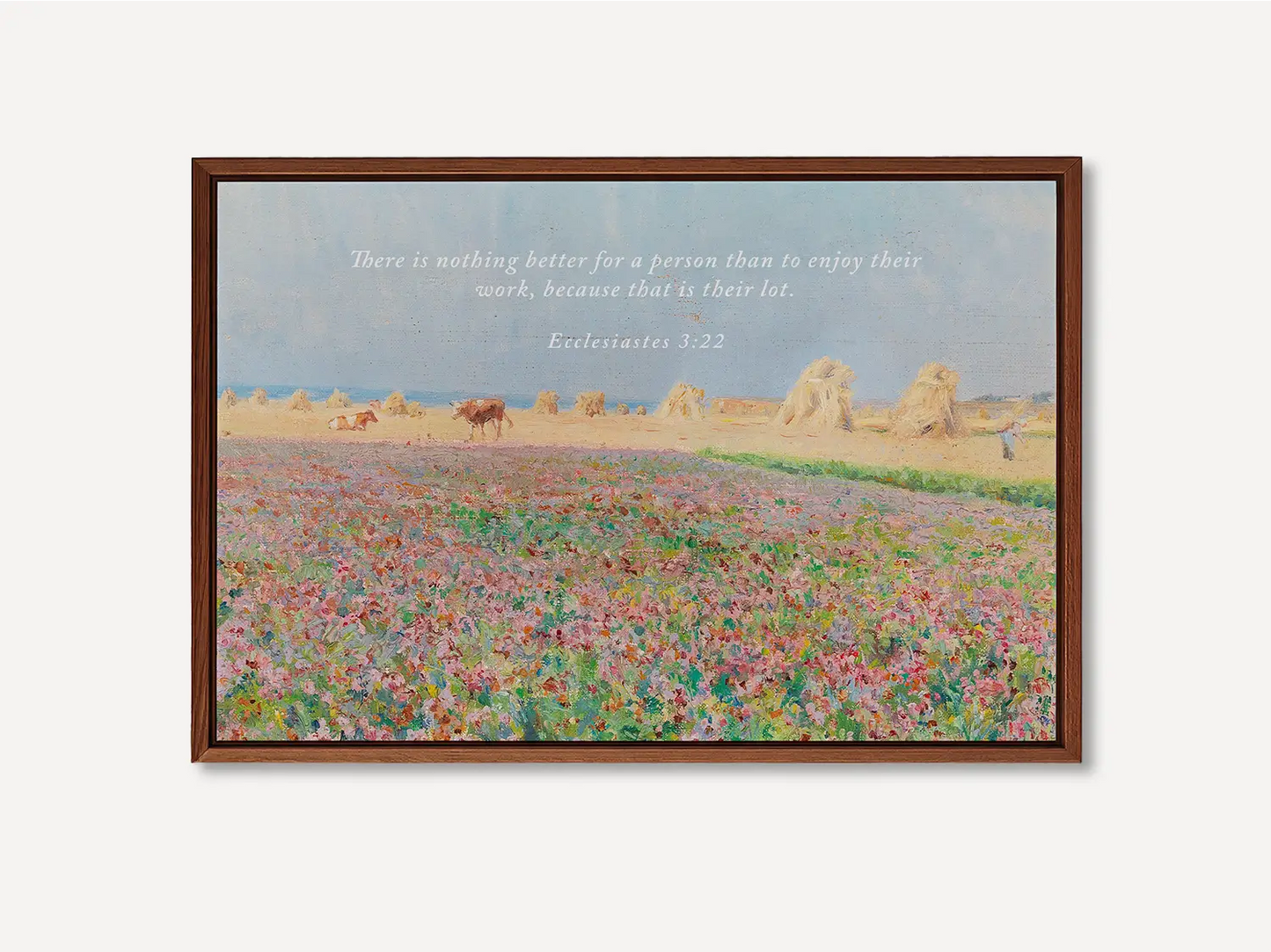 Celebrate the blessing of daily life with this inspiring Christian wall art. This framed print features a vibrant, pastoral field painting paired with the ancient wisdom from Ecclesiastes 3:22 about enjoying the work God has given you.