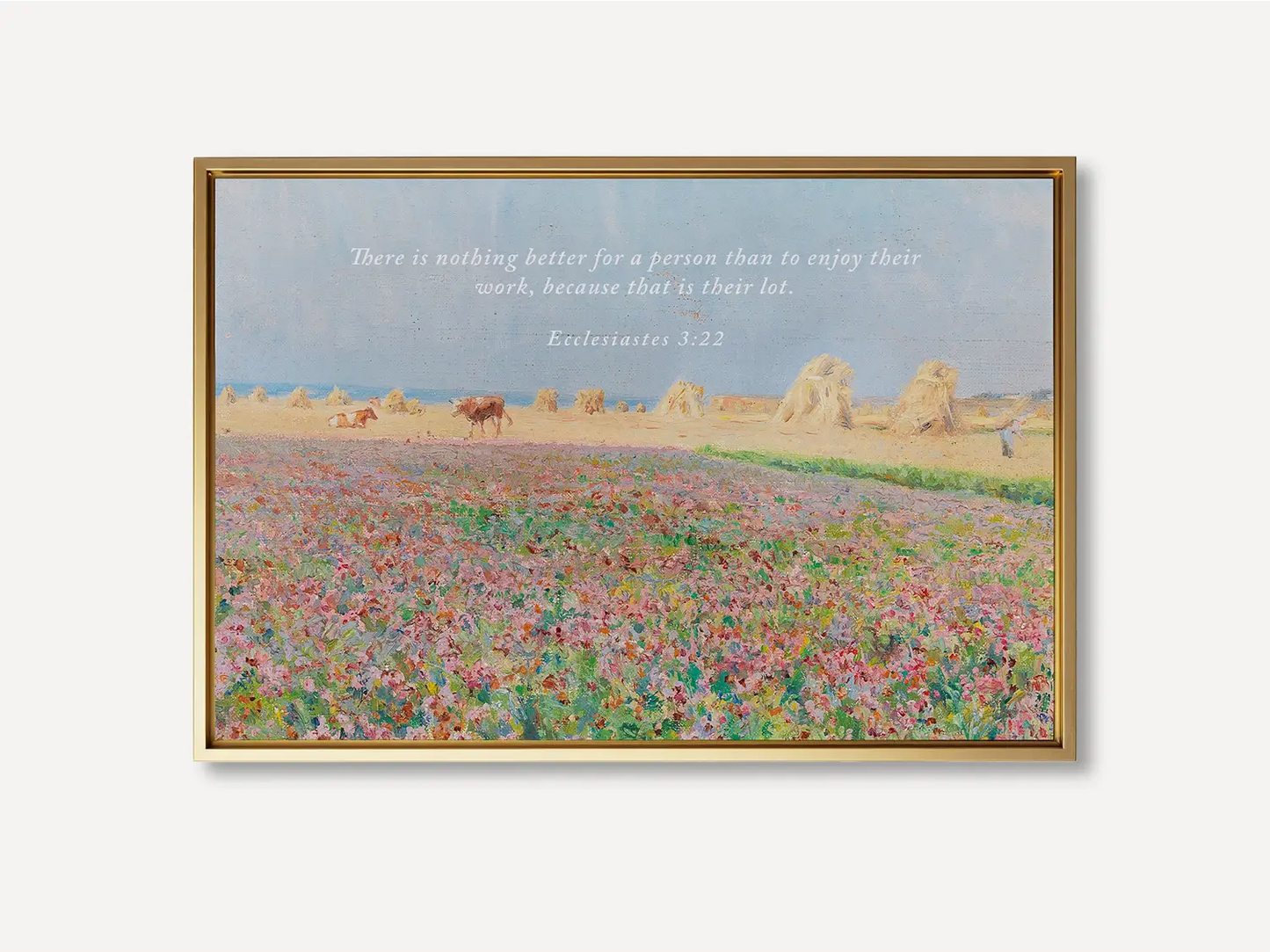 Celebrate the blessing of daily life with this inspiring Christian wall art. This framed print features a vibrant, pastoral field painting paired with the ancient wisdom from Ecclesiastes 3:22 about enjoying the work God has given you.
