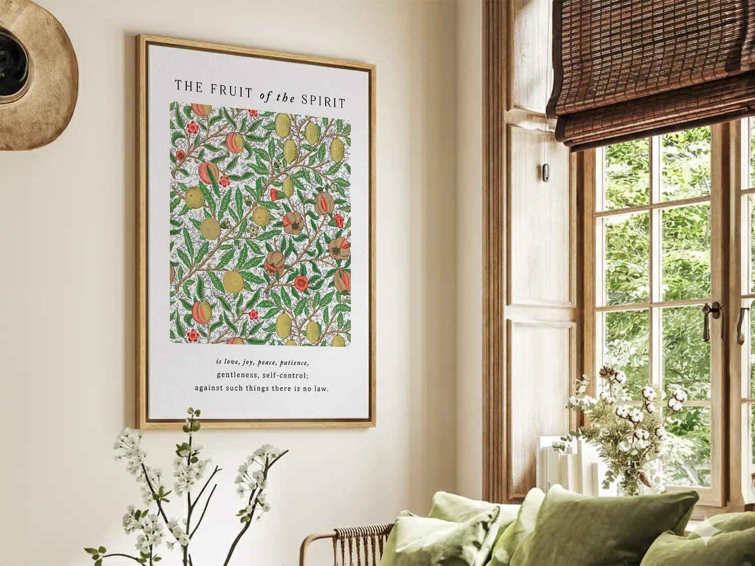 Anchor your home in Christ-like character with this inspiring Christian canvas wall art. This framed canvas print features a rich, detailed botanical pattern paired with the complete list of the Fruit of the Spirit from Galatians 5:22-23.