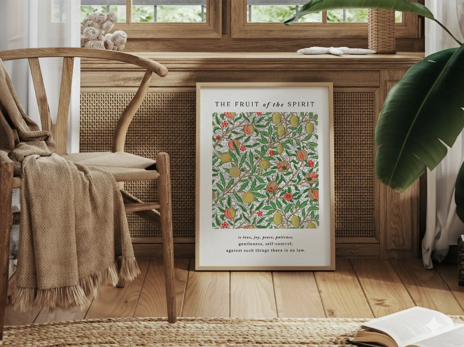 Anchor your home in Christ-like character with this inspiring Christian canvas wall art. This framed canvas print features a rich, detailed botanical pattern paired with the complete list of the Fruit of the Spirit from Galatians 5:22-23.