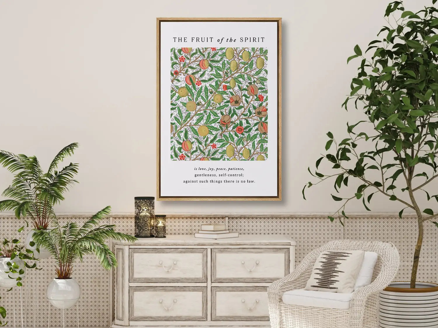 Anchor your home in Christ-like character with this inspiring Christian canvas wall art. This framed canvas print features a rich, detailed botanical pattern paired with the complete list of the Fruit of the Spirit from Galatians 5:22-23.