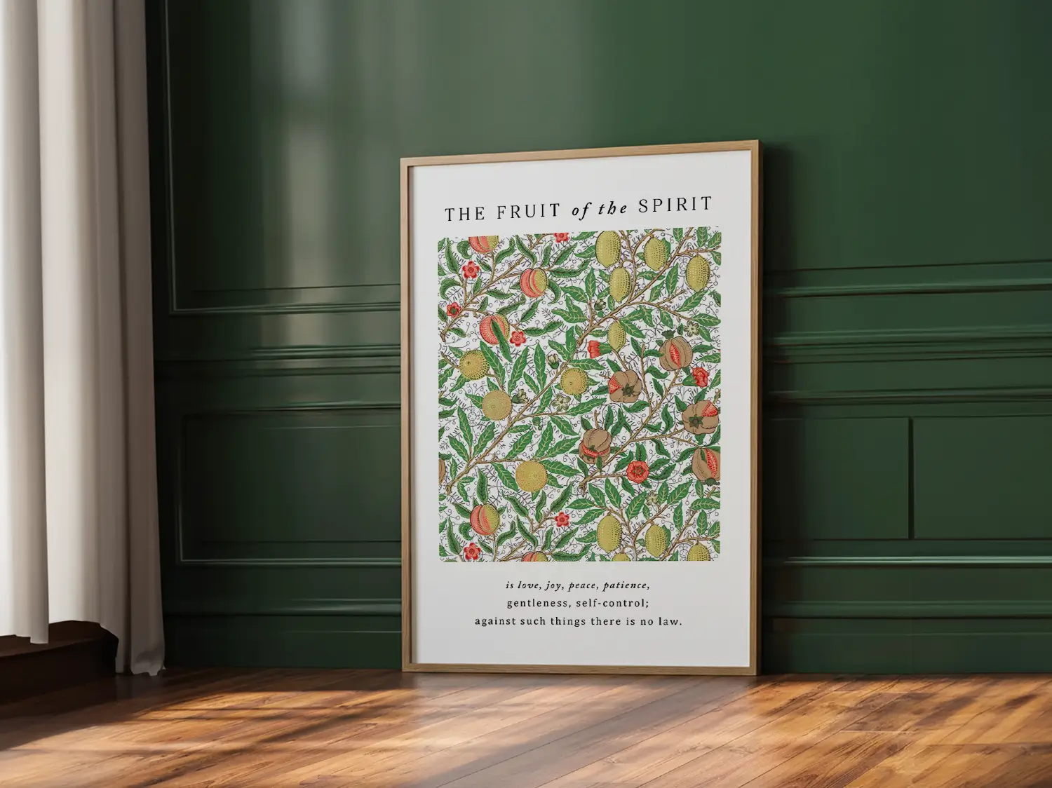 Anchor your home in Christ-like character with this inspiring Christian canvas wall art. This framed canvas print features a rich, detailed botanical pattern paired with the complete list of the Fruit of the Spirit from Galatians 5:22-23.