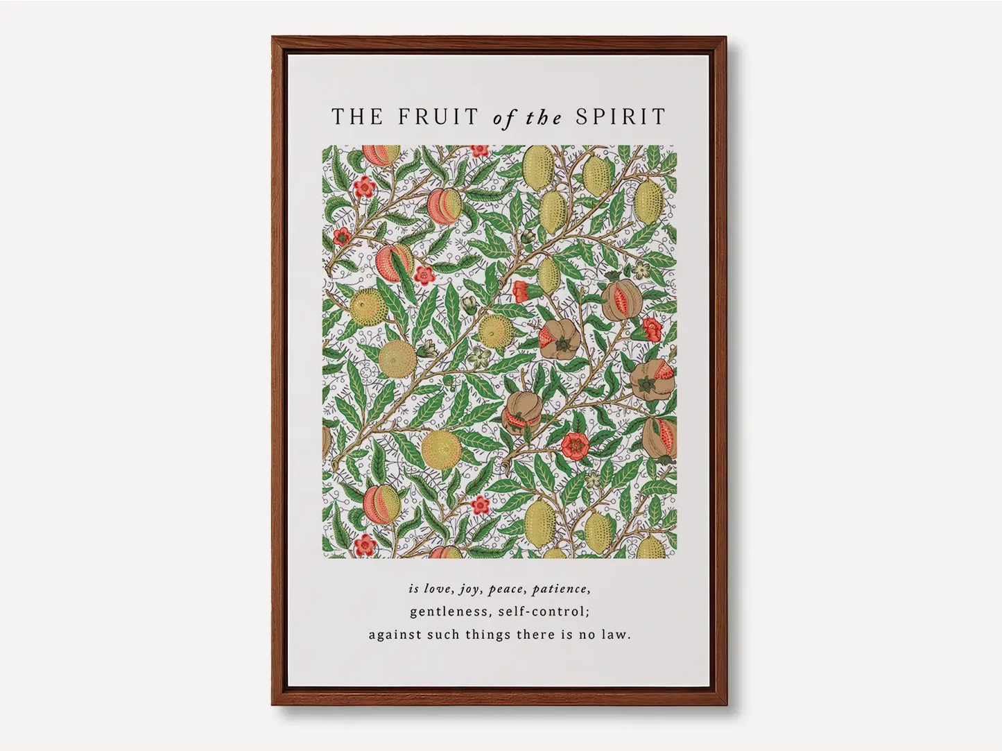 Anchor your home in Christ-like character with this inspiring Christian canvas wall art. This framed canvas print features a rich, detailed botanical pattern paired with the complete list of the Fruit of the Spirit from Galatians 5:22-23.