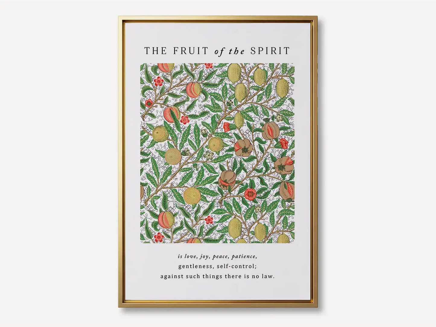 Anchor your home in Christ-like character with this inspiring Christian canvas wall art. This framed canvas print features a rich, detailed botanical pattern paired with the complete list of the Fruit of the Spirit from Galatians 5:22-23.