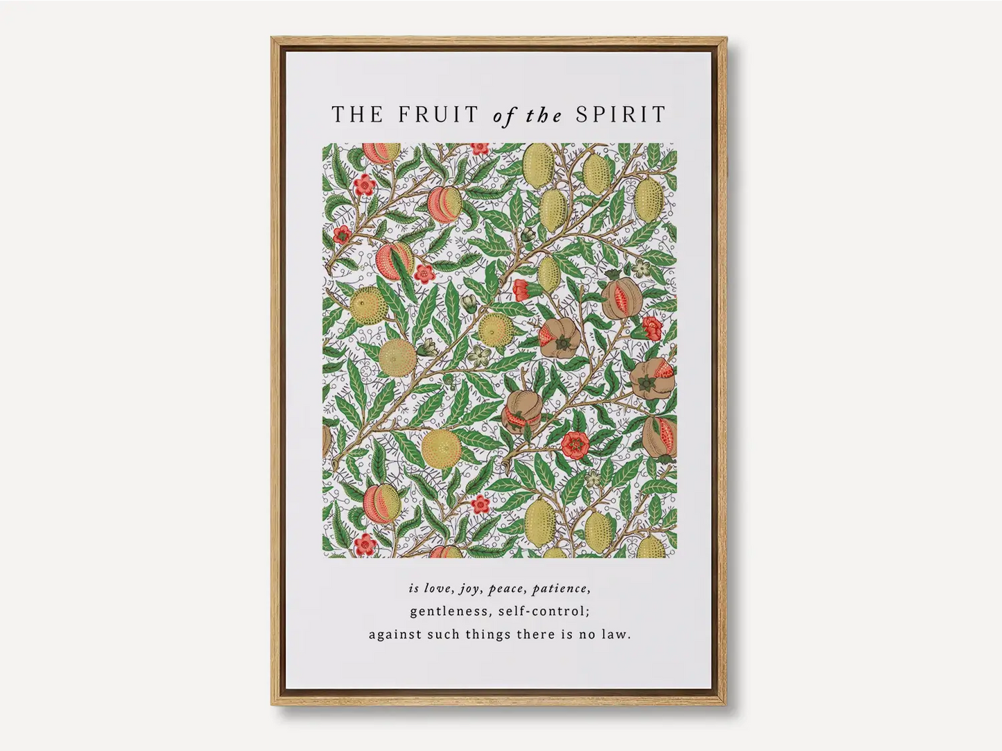 Anchor your home in Christ-like character with this inspiring Christian canvas wall art. This framed canvas print features a rich, detailed botanical pattern paired with the complete list of the Fruit of the Spirit from Galatians 5:22-23.