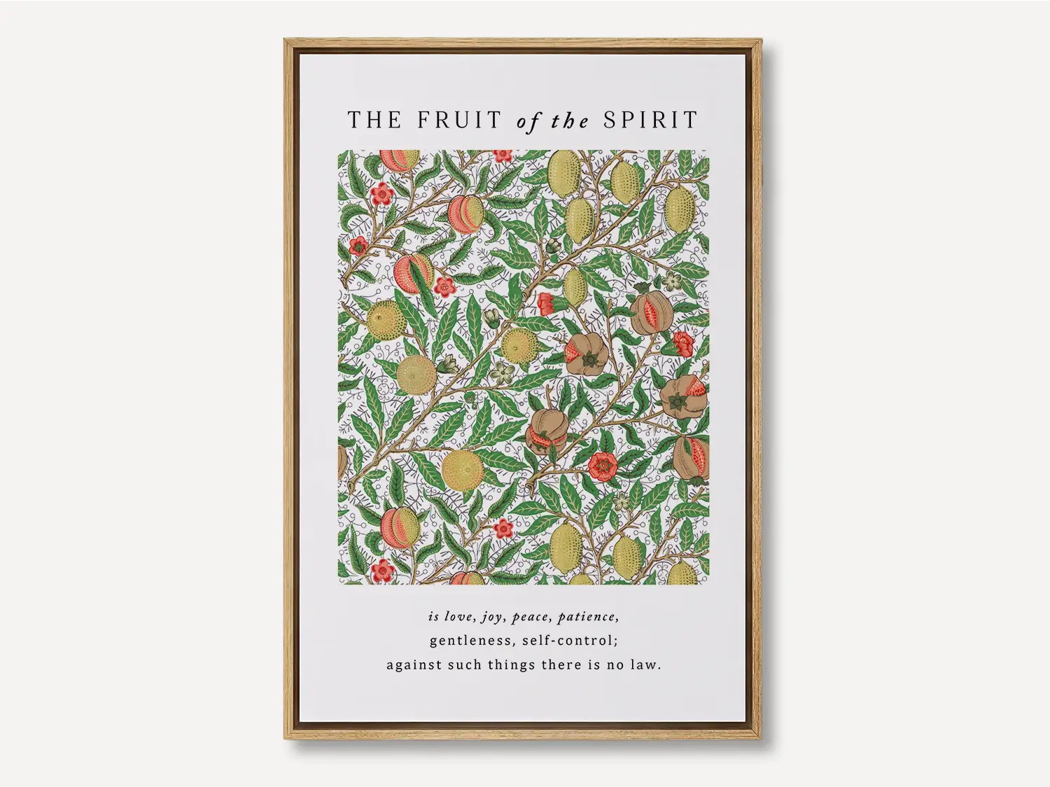 Anchor your home in Christ-like character with this inspiring Christian canvas wall art. This framed canvas print features a rich, detailed botanical pattern paired with the complete list of the Fruit of the Spirit from Galatians 5:22-23.