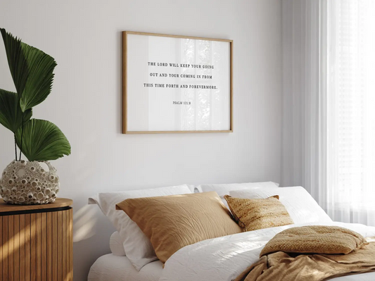 Anchor your travels and home in divine protection with this inspiring Christian canvas wall art. This framed canvas print features the comforting promise from Psalm 121:8: "The Lord will keep your going out and your coming in."