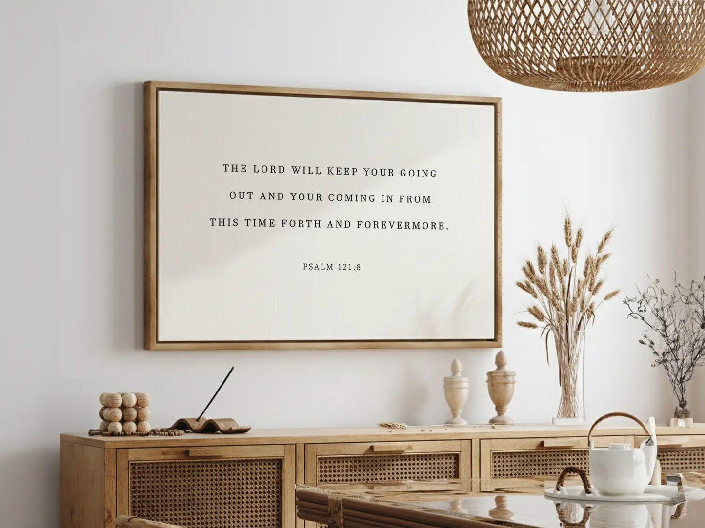 Anchor your travels and home in divine protection with this inspiring Christian canvas wall art. This framed canvas print features the comforting promise from Psalm 121:8: "The Lord will keep your going out and your coming in."