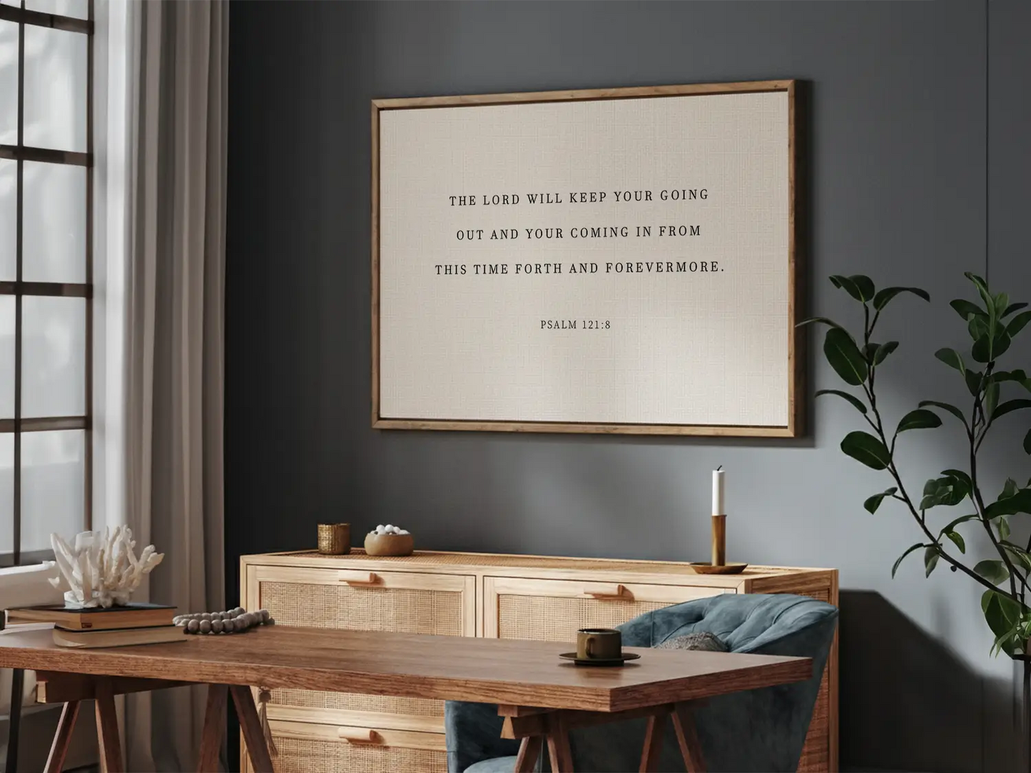 Anchor your travels and home in divine protection with this inspiring Christian canvas wall art. This framed canvas print features the comforting promise from Psalm 121:8: "The Lord will keep your going out and your coming in."