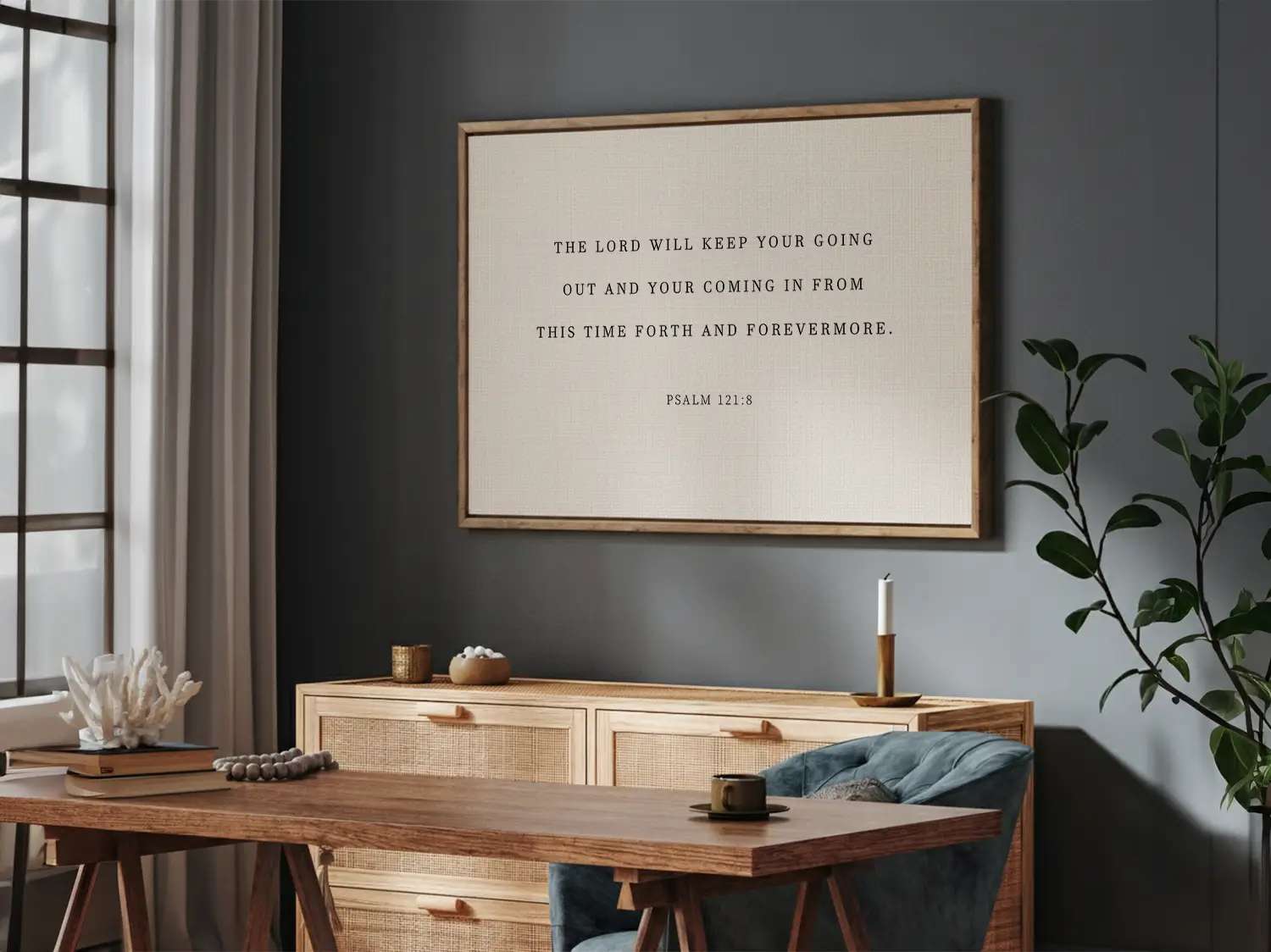 Anchor your travels and home in divine protection with this inspiring Christian canvas wall art. This framed canvas print features the comforting promise from Psalm 121:8: "The Lord will keep your going out and your coming in."