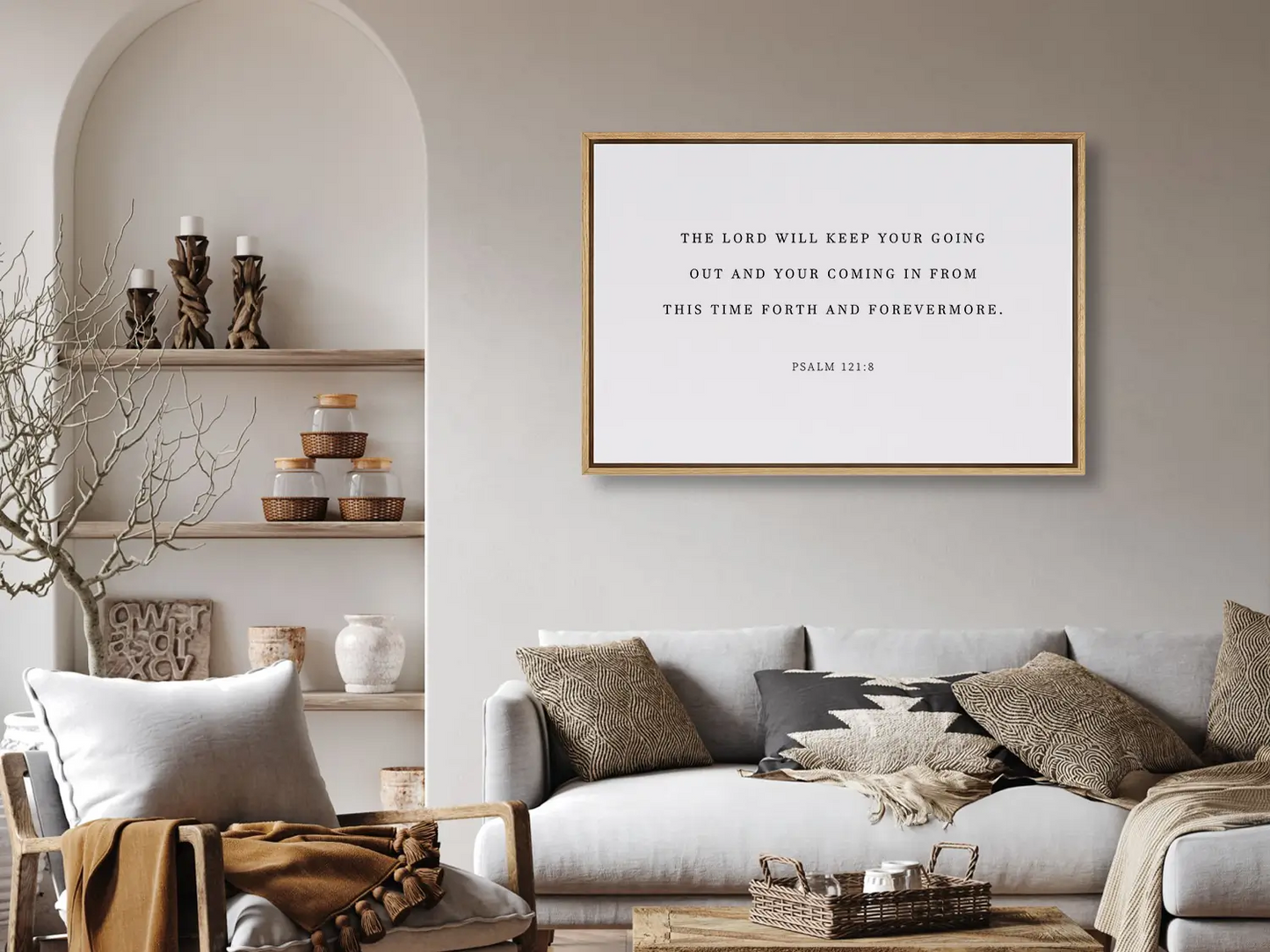 Anchor your travels and home in divine protection with this inspiring Christian canvas wall art. This framed canvas print features the comforting promise from Psalm 121:8: "The Lord will keep your going out and your coming in."
