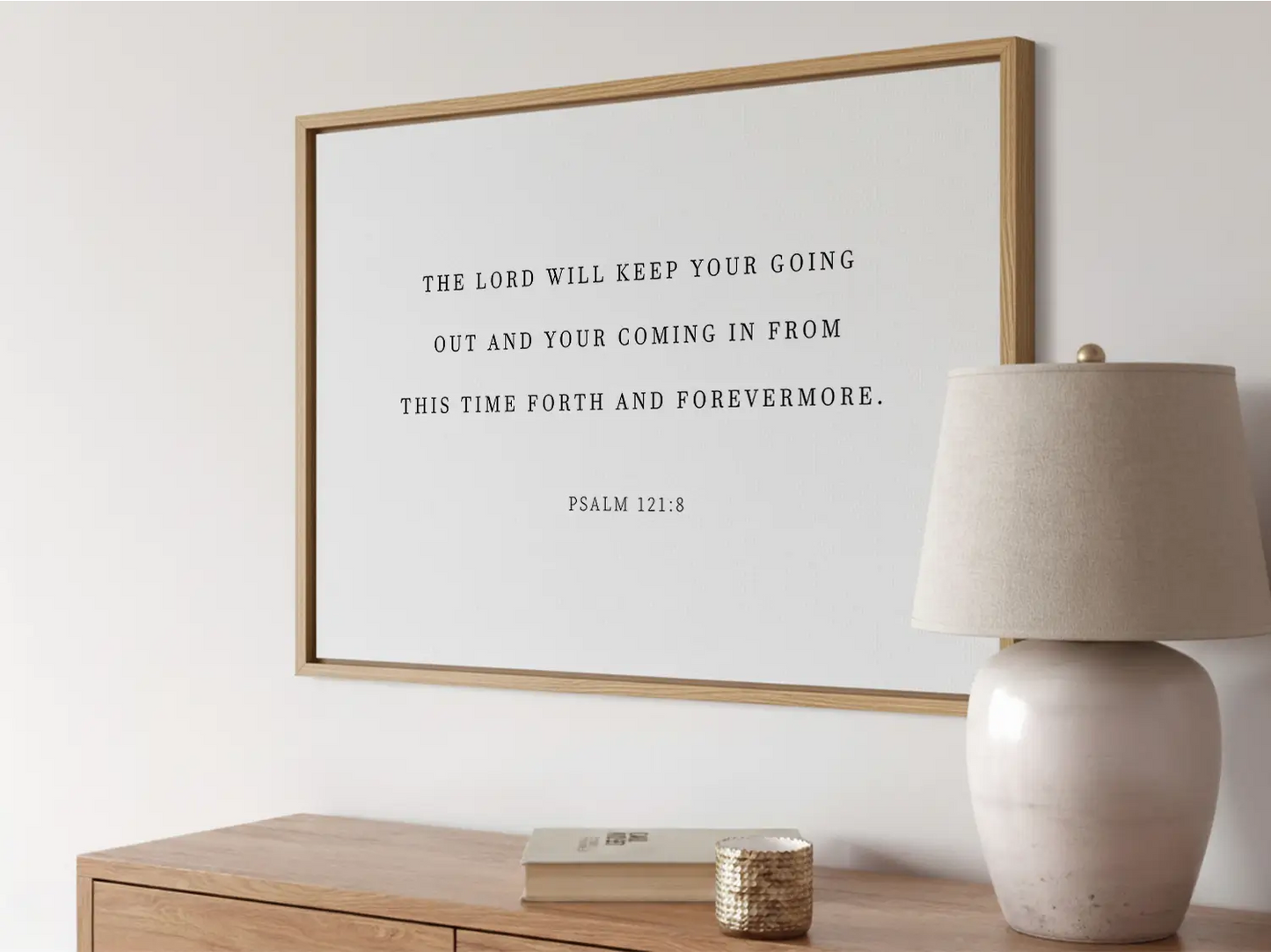 Anchor your travels and home in divine protection with this inspiring Christian canvas wall art. This framed canvas print features the comforting promise from Psalm 121:8: "The Lord will keep your going out and your coming in."